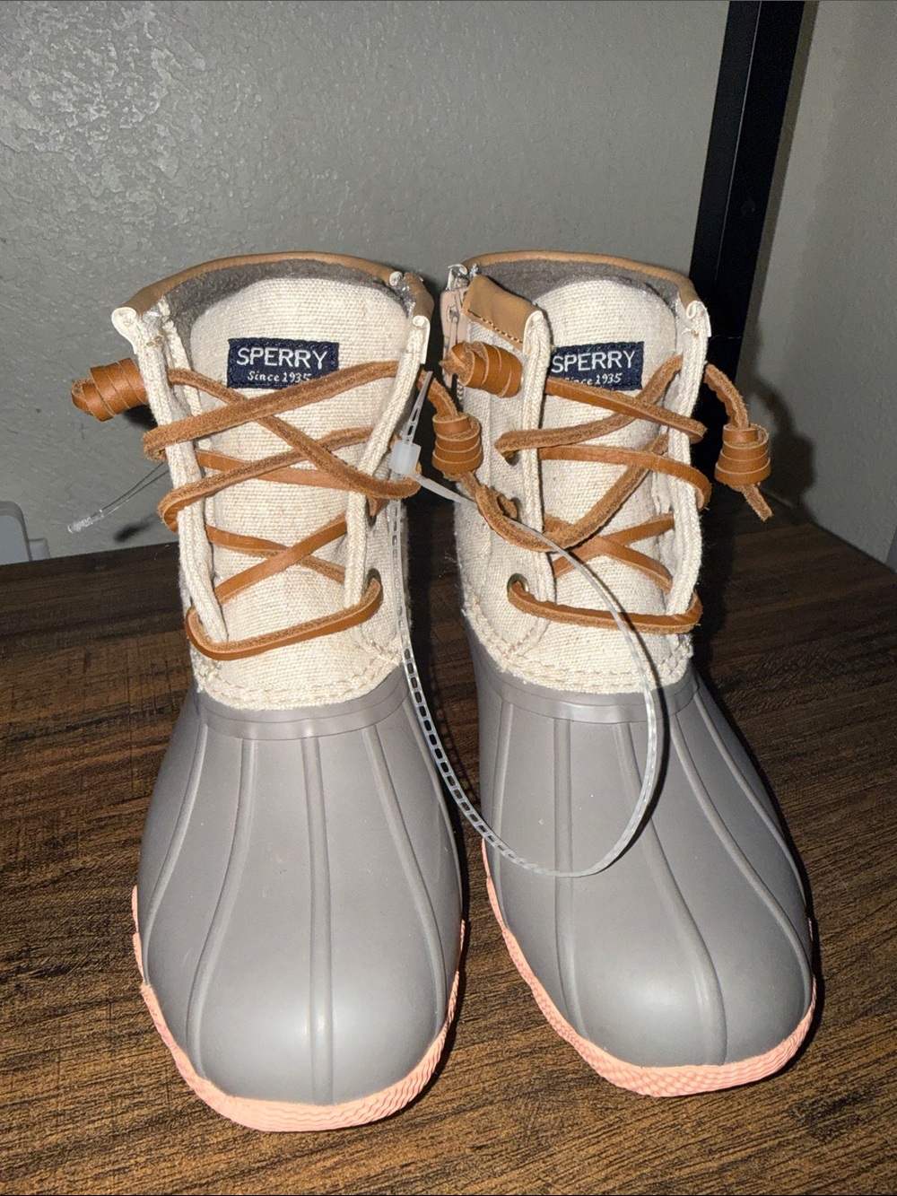 Sperry Kid’s Gray and Cream Duck Boots with Pink Trim
